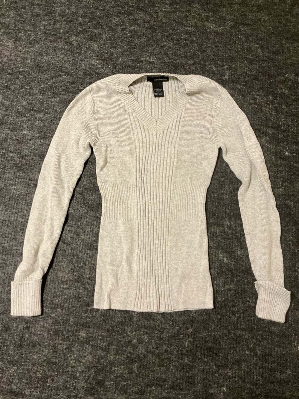 Calvin Klein Jeans Ribbed V-Neck Sweater Womens Size Medium Cream Long Sleeve